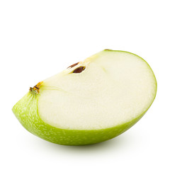 Green juicy apple slice isolated on white background, clipping path, full depth of field