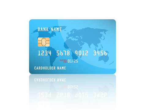 Realistic detailed credit card with the world map on blue background. Vector illustration design