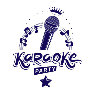 Karaoke party invitation poster, live music vector concert advertising leaflet composed using stage or recorder microphone and musical notes.