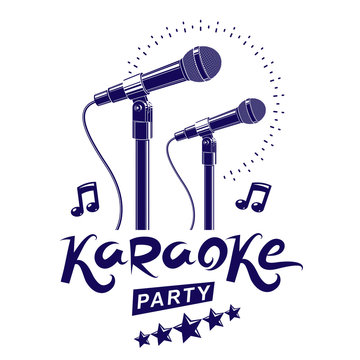 Karaoke party promotion poster design composed using musical notes and 5 pentagonal stars. Rap battle concept, two stage microphones vector illustration.