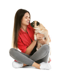 Woman with cute dog on white background. Friendship between pet and owner