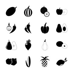 icon Fruits And Vegetables with lemon tree, berry, fruits, peppers and corn