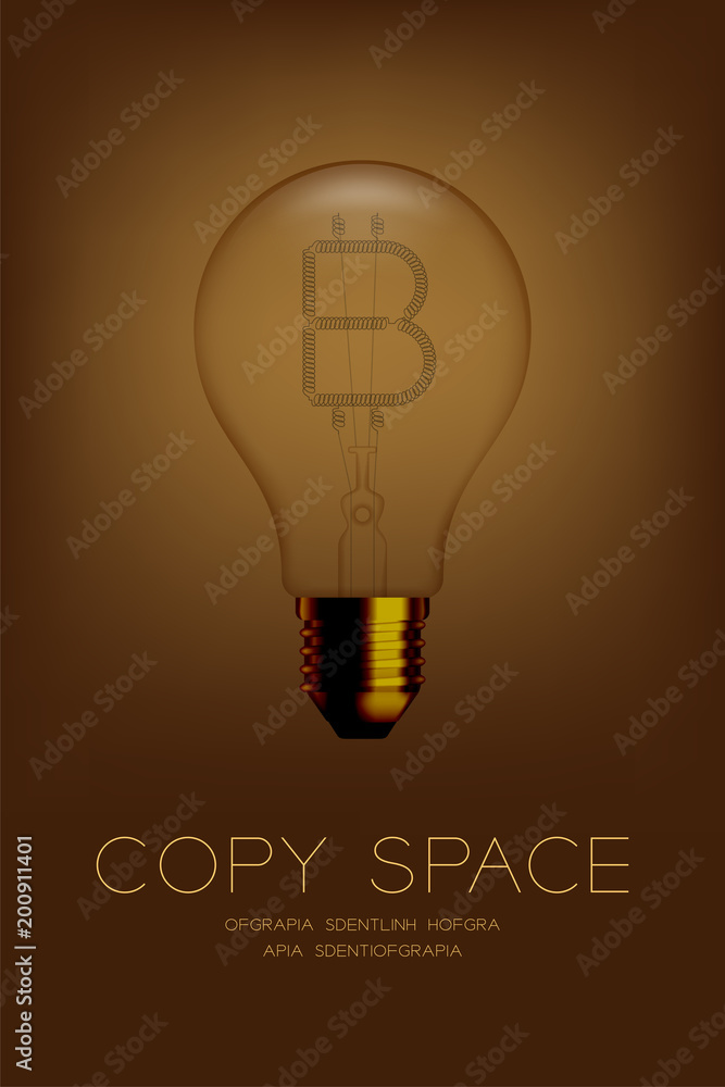 Poster alphabet incandescent light bulb switch off set bitcoin cryptocurrency symbol blockchain technology 