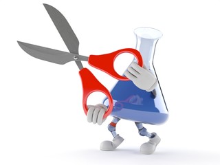Chemistry flask character holding scissors