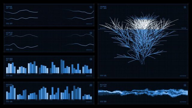 Monochromatic multi-panel visual display: city wireframe, graphs, readouts, indicators. Reversible seamless loop. 