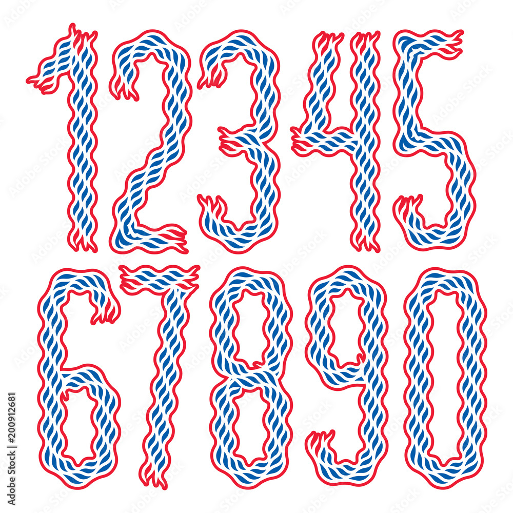 Poster set of stylish tall condensed vector digits, modern numerals collection made using undulate lines, f