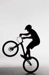 silhouette of trial biker standing on back wheel on white
