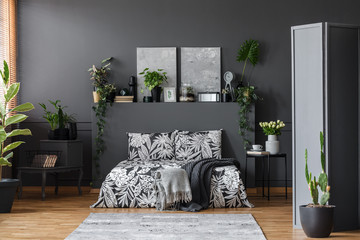 Grey floral bedroom interior