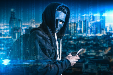 The double exposure image of the hacker using a smartphone overlay with binary code image and blurred cityscape is backdrop. the concept of cyber attack, virus, malware, and cyber security.