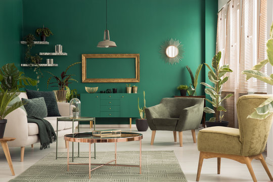 Green spacious living room interior