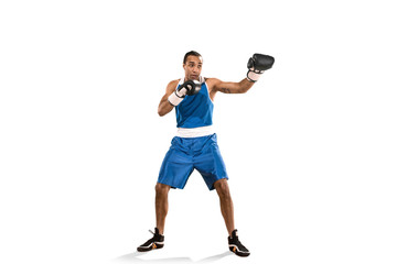 Sporty man during boxing exercise. Photo of boxer on white background