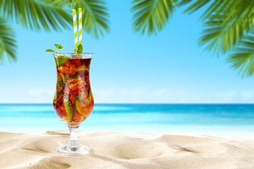 Summer drink on beach and free space for your decoration. 