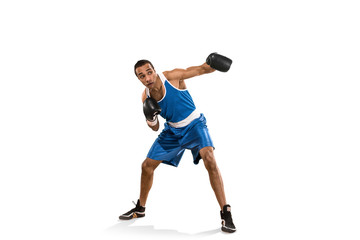 Fototapeta na wymiar Sporty man during boxing exercise. Photo of boxer on white background