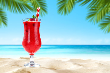 Summer drink on beach and free space for your decoration. 