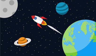 Start space rocket ship. Earth planet. Flat vector illystration.