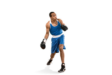 Plakat Sporty man during boxing exercise. Photo of boxer on white background