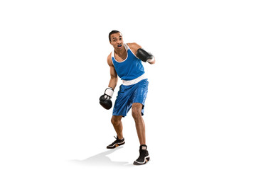 Fototapeta na wymiar Sporty man during boxing exercise. Photo of boxer on white background