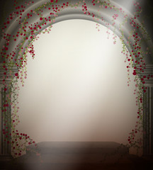 arch with two marble columns and with curling red rose, romantic place in the antique garden, theater decoration,