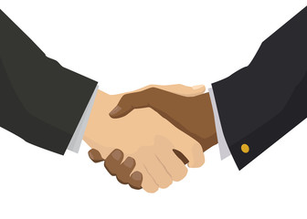 Handshake with black hand, flat illustration for business and finance concept on white