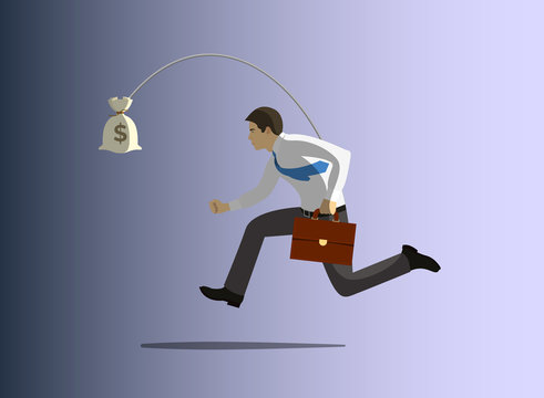 Greedy businessman running after bag of money. Concept of greed, avarice, excess, unwise selfishness. Vector illustration