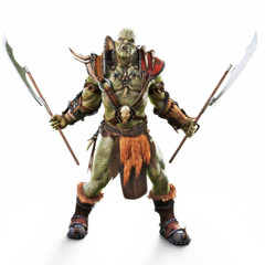 Savage Orc Brute warrior wearing traditional armor ready for battle. Fantasy themed character on an isolated white background. 3d Rendering