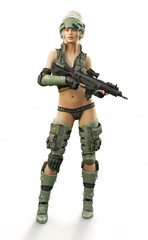 Futuristic armored blonde female Merc holding a laser rifle posing with confidence ready for combat.Science fiction 3d rendering on an isolated white background.