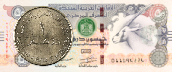 1 dirham coin against 50 united arab emirates dirham bank note obverse