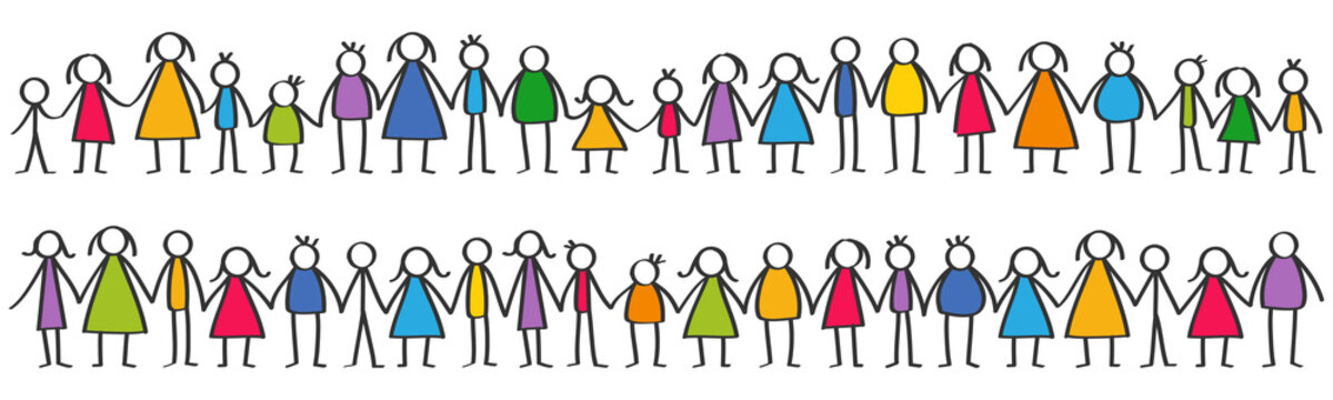 Vector illustration of colorful male and female stick figures, children standing in rows holding hands isolated on white background
