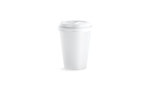 Blank white disposable paper cup with plastic lid mock up isolated, looped rotation, 3d rendering. Empty polystyrene coffee drinking mug mockup front view. Clear plain tea take away package turning.
