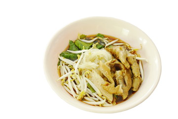 boiled thin rice noodles chicken leg and feet with bean sprout in herb brown soup on bowl