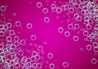 Cleaning foam on gradient background. Realistic water bubbles 3d. Cool rainbow colored liquid foam with shampoo bubbles. Horizontal cosmetic flyer and invite. Cleaning soap foam for bath and shower.