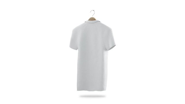 Blank white polo shirt with hanger rotation mock up, isolated, 3d rendering. Turns tshirt on rack. Empty sport t-shirt clothing