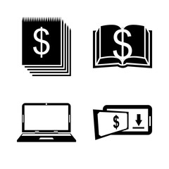 icon Currency with money, transfer money, laptop, internet banking and notebook