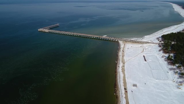 flight over sea shore at winter