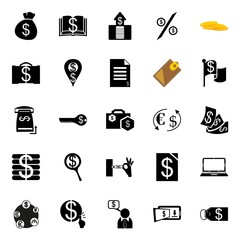 icons about Currency with bank key, lens, mobile, business payment and pile with coins