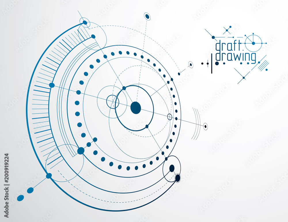 Poster mechanical scheme, vector engineering drawing with circles and geometric parts of mechanism. technic