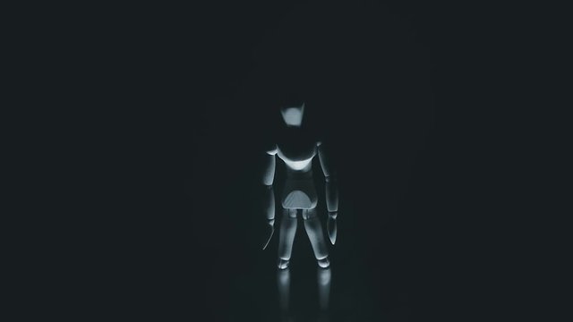 wooden man on black background with backlight from below