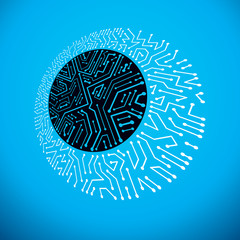 Vector abstract computer circuit board illustration, circular technology element with connections. Electronics theme web design.