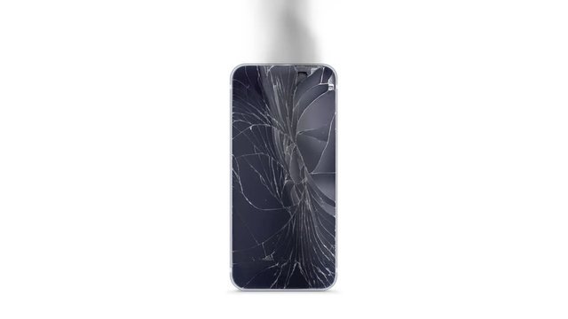 Blank broken phone mockup with cracked screen and fume front view, isolated, 3d rendering. Empty smartphone with colored display. Dropped blinking display template