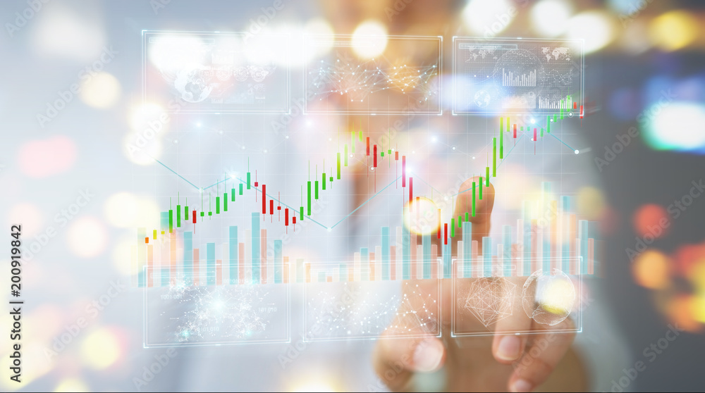 Poster Businessman using 3D rendering stock exchange datas and charts