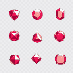 Collection of vector faceted gemstone illustrations with sparkles, polygonal. Luxury logotypes.