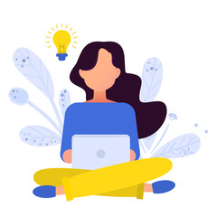 Fototapeta na wymiar Flat illustration. Girl working with laptop in social networks.