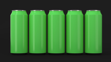  Green soda cans standing in two raws on black background