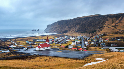 Beautiful Red Church and Vik village, Iceland.