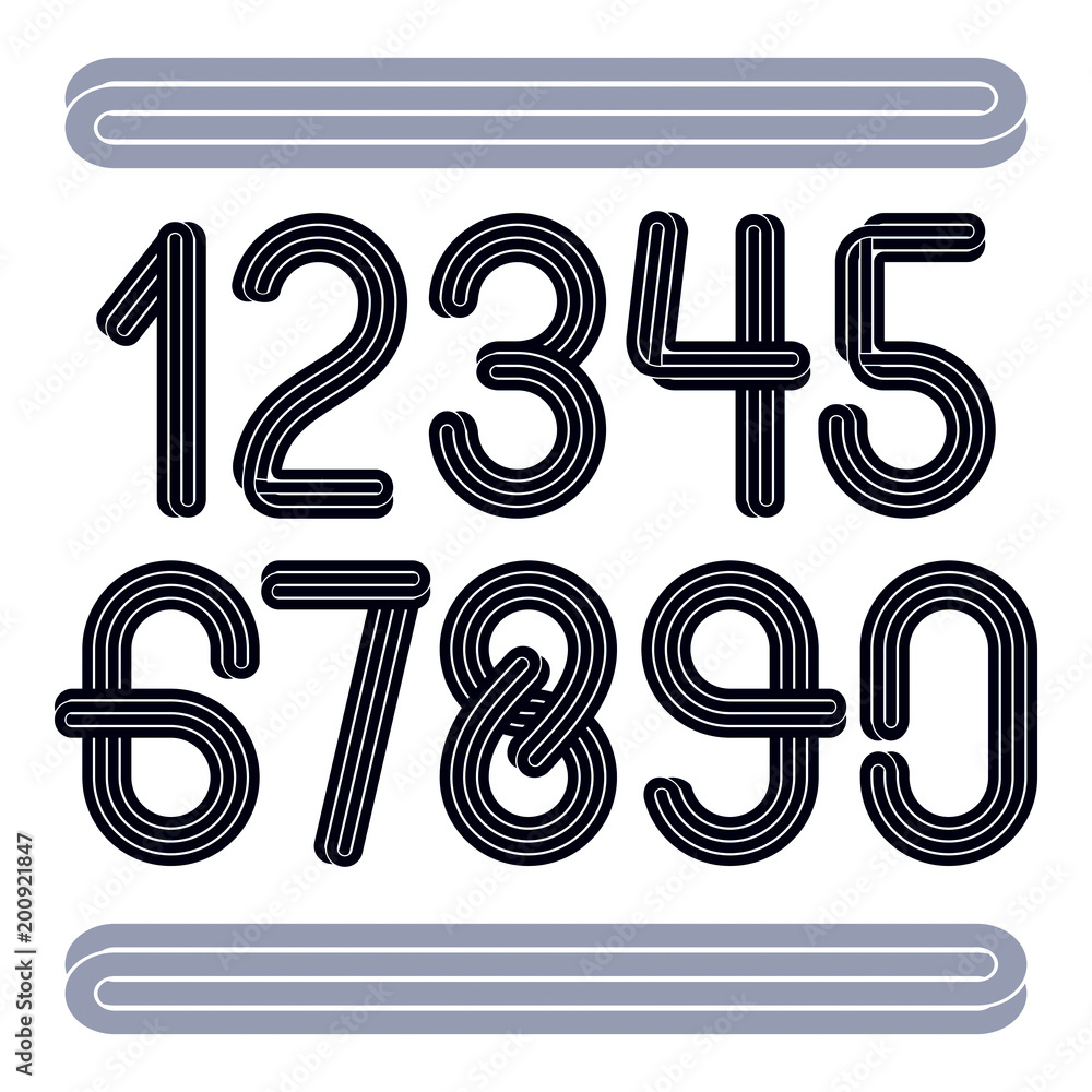 Poster set of vector funky rounded numbers made with parallel lines, can be used for logo creation in enter