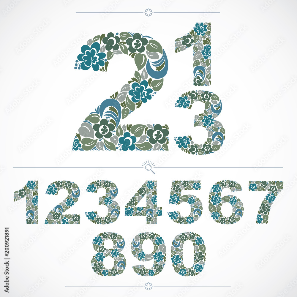 Poster floral numbers drawn using abstract vintage pattern, spring leaves design. vector digits created in 