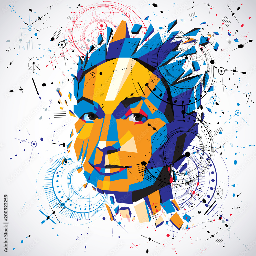 Poster 3d vector low poly portrait of a smart woman, human thoughts metaphor. artistic background made usin