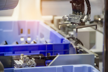 Industry 4.0 Robot concept .The robot arm is working smartly in the shipping department of the factory.