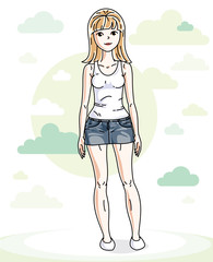 Beautiful young blonde woman standing on nature backdrop with blue sky and clouds. Vector character.
