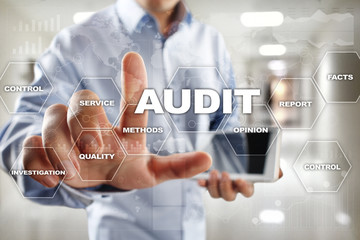 Audit business concept. Auditor. Compliance. Virtual screen technology.
